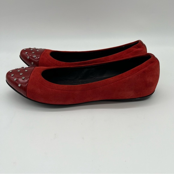 MAGLI by Bruno Magli Elegant Red Suede Patent Leather with Studded Cap Toe Flats - Picture 4 of 15